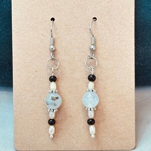 Stainless Steel Dangle Earrings Freshwater Pearls, Termalinated Quartz & Onyx
